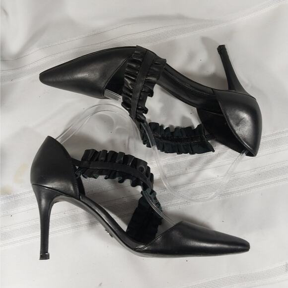 MICHAEL/MICHAEL KORS! BLACK GENUINE LEATHER SHIRRED DIAG STRAP HEELS! SZ 8.5M - Picture 5 of 8